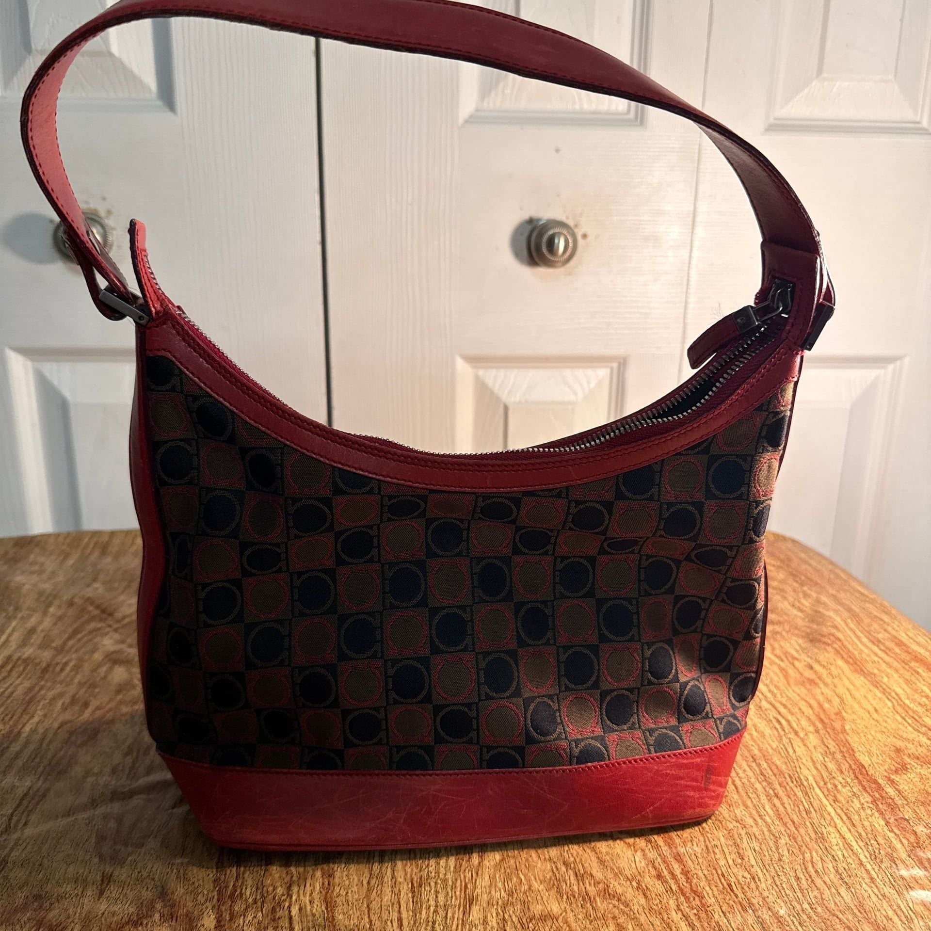 Salvatore Ferragamo Red Gancini Canvas Hobo Shoulder Bag